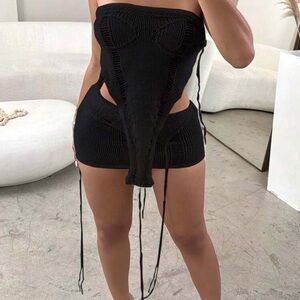 Black Knit tube top with knit skirt w/ distressed details